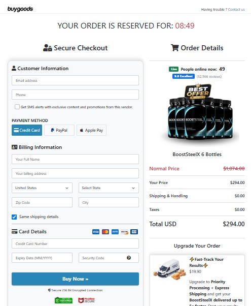 BoosterSteelX Secure Order Page — Checkout